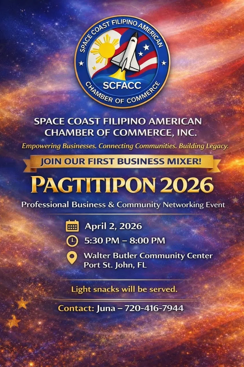 Poster for PAGTITIPON 2026, SCFACC's first business mixer: April 2, 2026, 5:30 to 8:00 PM, Walter Butler Community Center, Port St. John, FL. Light snacks will be served.