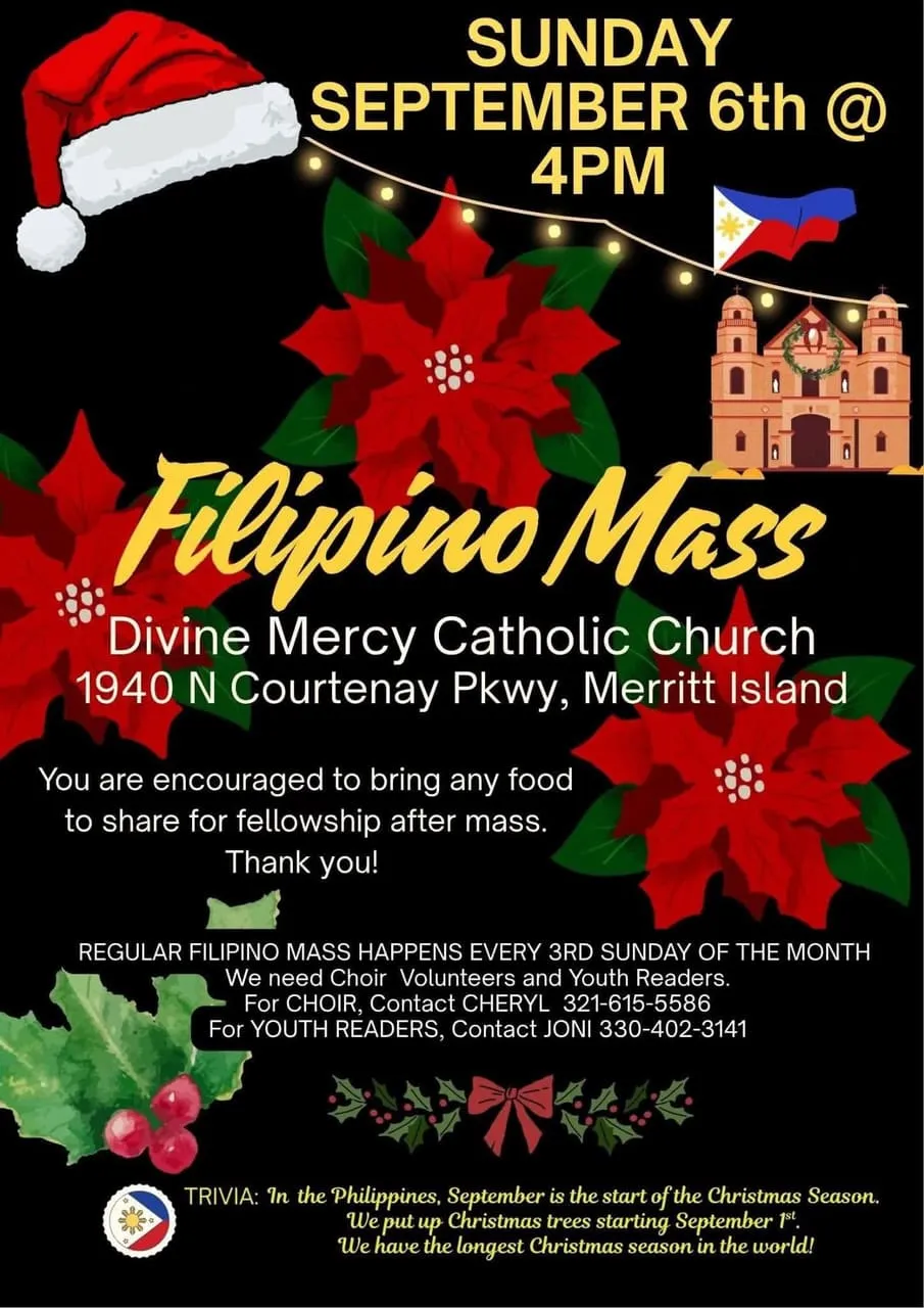 Christmas-themed Filipino Mass poster: Sunday September 6th at 4 PM, Divine Mercy Catholic Church, 1940 N Courtenay Pkwy, Merritt Island. Bring food to share for fellowship after mass.